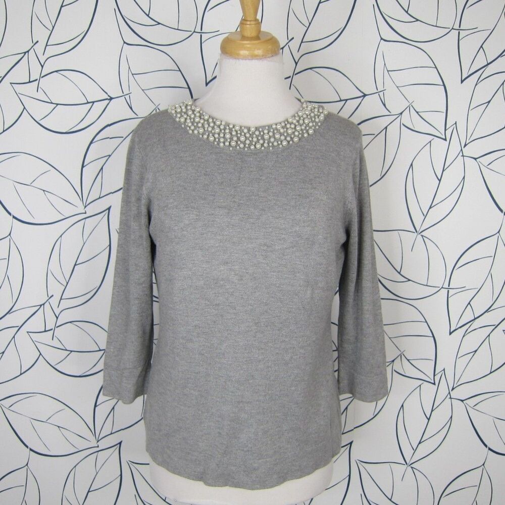 Karl Lagerfeld Paris Gray Faux Pearl Collar Sweater 3/4 Sleeve Women's Size M